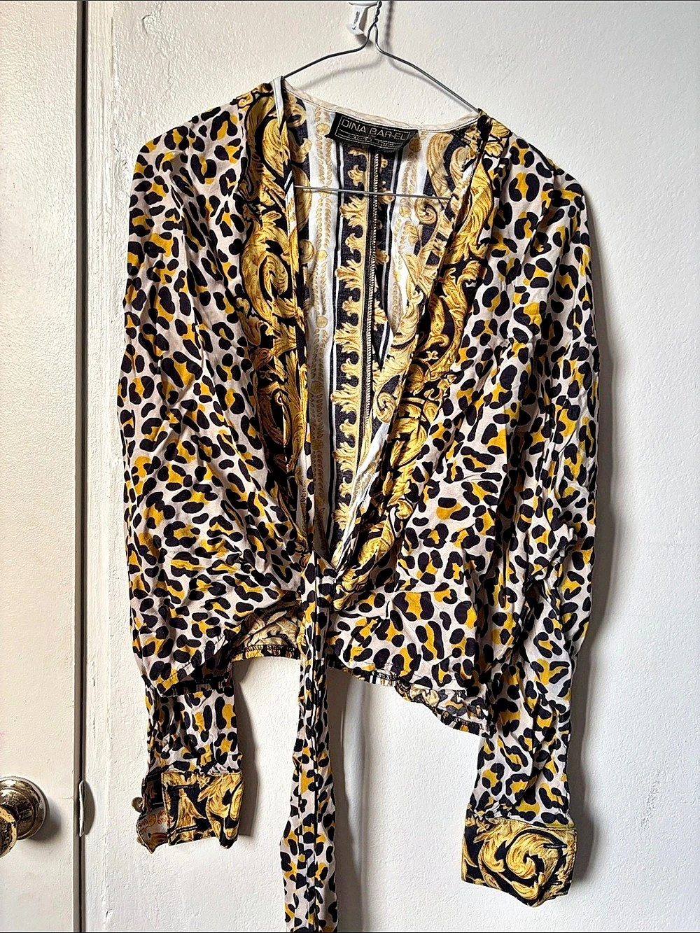 Dina Bar-El Animal Print Tie Front Blouse in Black & Yellow